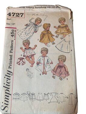Simplicity 4727 Vintage 1964 12" Doll Wardrobe Sewing Pattern 1960s
